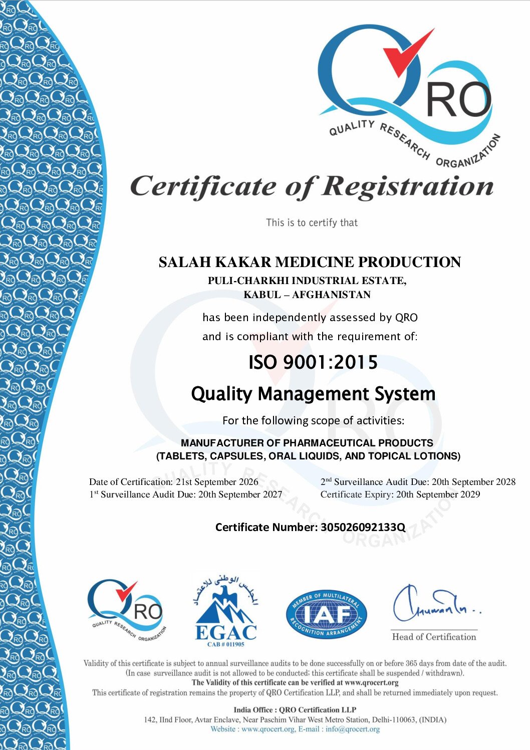 305026092133q – salah kakar medicine production – iso 9001-2015